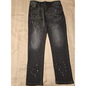 Forever 21 Black Denim Jeans Slim Fit Distressed Paint Splatter Size 33 Womens